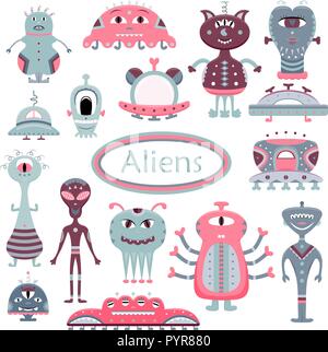 The vector cartoon set with flat aliens.  Funny characters. Stock Vector