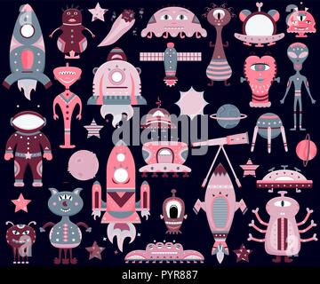 The vector cartoon set with flat aliens, spaceships, planets, satellites and cosmonaut. Funny characters. Stock Vector