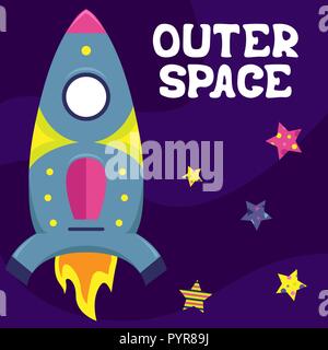 Cartoon vector flat illustration with a spaceship. Outer space. Stock Vector