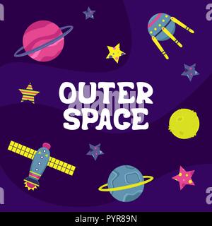 Cartoon vector flat illustration with a spaceship. Outer space. Stock Vector