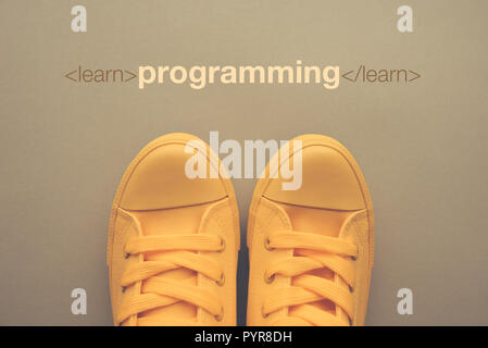 Learn programming concept, young student standing above the text, top view Stock Photo