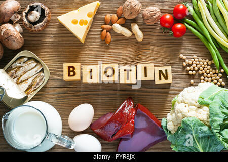 Foods rich in Biotin. Foods as liver, eggs, cheese, sardines, soybeans, milk, cauliflower, green beans, mushrooms, peanuts, walnuts and almonds on woo Stock Photo
