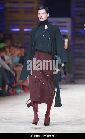 ZAGREB, CROATIA - OCTOBER 25, 2018 : Fashion model wearing clothes for autumn-winter, designed by Klisab on the Bipa Fashion.hr fashion show in Zagreb Stock Photo