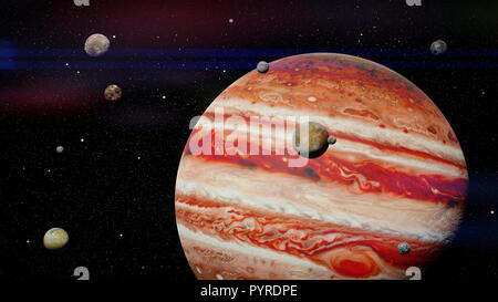 planet Jupiter with some of the 69 known moons in outer space Stock Photo