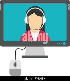 Call center online operator with headset avatar on computer screen vector illustration graphic design Stock Vector
