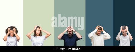 Collage of group of young people over colorful isolated background suffering from headache desperate and stressed because pain and migraine. Hands on  Stock Photo