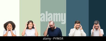 Collage of group of young people over colorful isolated background with hand on head for pain in head because stress. Suffering migraine. Stock Photo