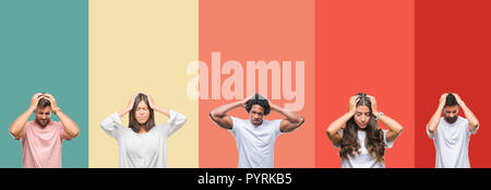 Collage of different ethnics young people over colorful stripes isolated background suffering from headache desperate and stressed because pain and mi Stock Photo