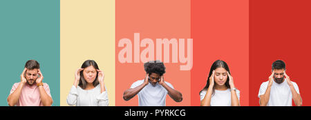 Collage of different ethnics young people over colorful stripes isolated background with hand on head for pain in head because stress. Suffering migra Stock Photo