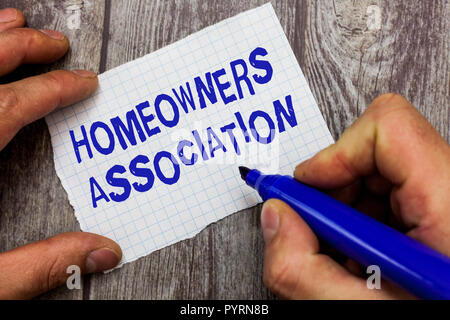 Handwriting text writing Homeowners Association. Concept meaning Organization with fee for upkeeps of Gated Community. Stock Photo