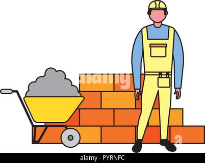 builder character brick wall and wheelbarrow Stock Vector