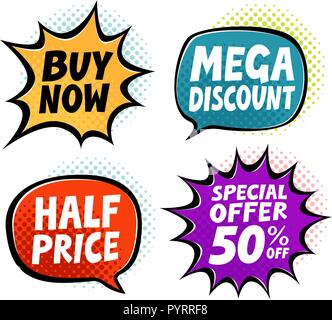 Sale, label set. Business, shopping symbol in pop art retro comic style. Vector illustration Stock Vector