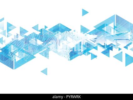 Tech blue triangles and wavy lines abstract background. Vector design Stock Vector