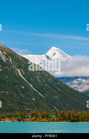Redoubt Mountain Lodge on Crescent Lake with Mount Redoubt, Lake Clark National Park and Preserve, Alaska, USA. Stock Photo
