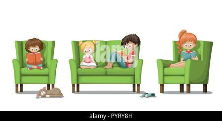 Some kids are sitting on the couch and reading a book Stock Vector