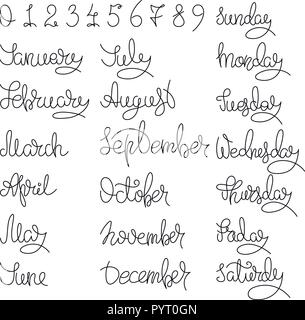 Calendar collection of months and numbers for all year, week, seasons. Ink modern brush calligraphy. Isolated vector on white background. Stock Vector
