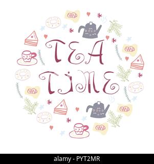 Tea time symbols in circle form. Vector illustration. Handdrawn conceptual illustration of tea time concept - lettering and illustrations. Poster or t Stock Vector