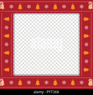 Cute Christmas or new year square border, photo frame with bells and snowflakes pattern isolated on transparent background. Vector illustration, photo Stock Vector