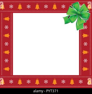 Cute Christmas or new year square border, photo frame with bells and snowflakes pattern and green festive ribbon isolated on white background. Vector  Stock Vector