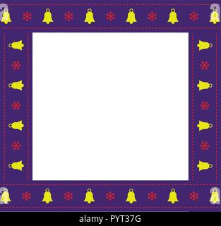 Cute Christmas or new year festive square border, photo frame with bells and snowflakes lace pattern on ribbon isolated on white background. Vector il Stock Vector