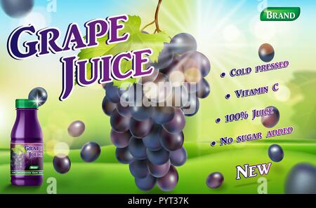 Grape juice bottle with sunny bokeh background. Juice container package ad . 3d realistic ripe grape Vector illustration for your design Stock Vector