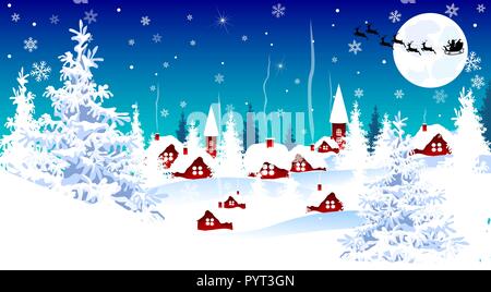 Snow-covered village. Night scene of winter rural landscape on Christmas Eve. Stock Vector