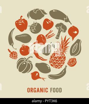 Organic food vector illustration with silhouettes of vegetables and fruits Stock Vector
