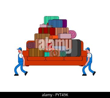 Movers and sofa and Many box. Porters carry couch and boxes. Delivery service. Loader mover man holding. Moving Vector illustration Stock Vector