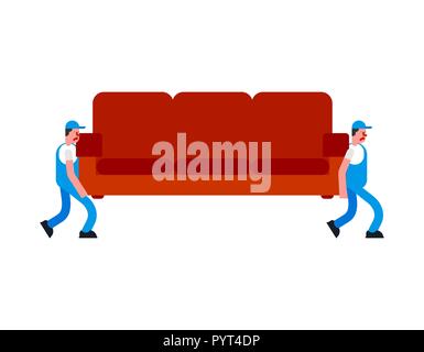 Movers and sofa. Porters carry couch. Delivery service. Loader mover man holding. Moving Vector illustration Stock Vector