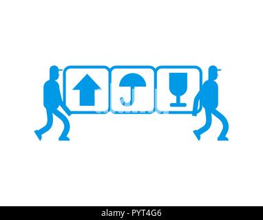 Moving service logo Delivery sign. Two Movers. Porters carry symbol. Loader mover man holding. Stock Vector