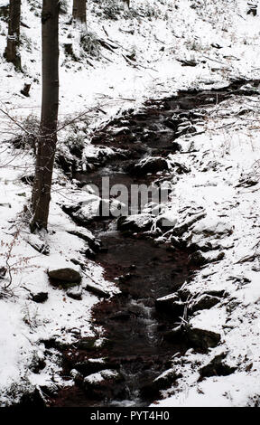 Mountain stream flowing among the snowy banks Stock Photo