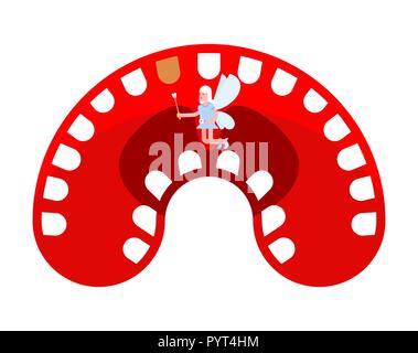 Tooth fairy in mouth. Coin exchange for tooth Stock Vector