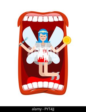 Open mouth and tooth fairy. Coin exchange for tooth Stock Vector