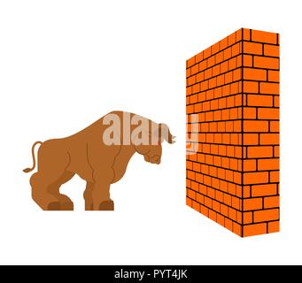 Bull and Brick wall. Big power buffalo and Block side Stock Vector