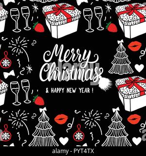 Merry Christmas and Happy new year Card fashion sketch celebration gift box, tree and fireworks. Hand drawn Vector illustration isolated on black background. Stock Vector