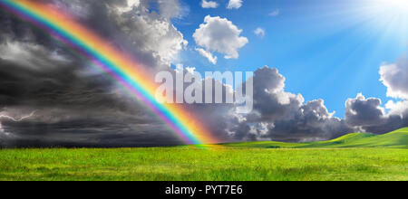 Rainbow In Rural Landscape - Calm After Storm Stock Photo