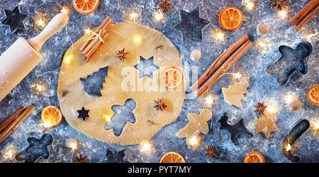 Gingerbread Preparation With Spice In Flat Lay Composition - Christmas Cookies Stock Photo