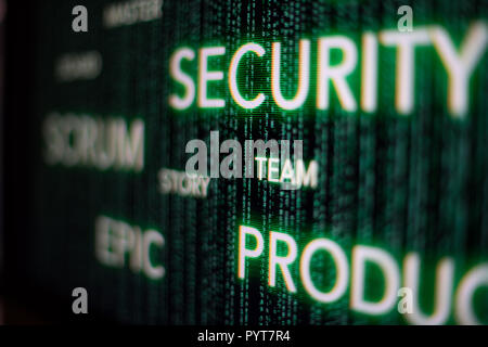 agile scrum cyber security concept on developer screen, green Stock Photo