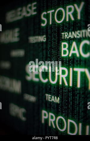 agile scrum cyber security concept on developer screen, green Stock Photo