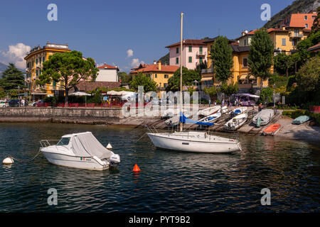 Boats moored at Varenna on Lake Como in northern Italy Stock Photo