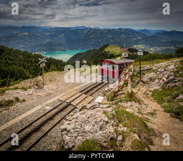 Alpine rack railway track to Schafberg, where steam train takes tourists on a mountain peak in the Austrian Alps near Salzburg Stock Photo