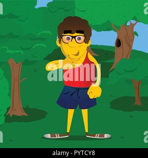 Yellow man thinking or pointing to his left side. Vector cartoon illustration. Stock Vector