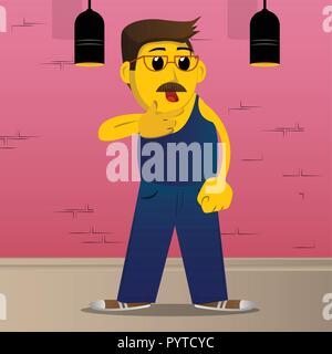 Yellow man thinking or pointing to his left side. Vector cartoon illustration. Stock Vector