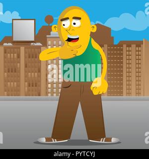 Yellow man thinking or pointing to his left side. Vector cartoon illustration. Stock Vector