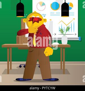 Yellow man thinking or pointing to his left side. Vector cartoon illustration. Stock Vector