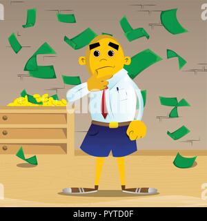 Yellow man thinking or pointing to his left side. Vector cartoon illustration. Stock Vector