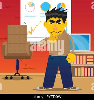 Yellow man thinking or pointing to his left side. Vector cartoon illustration. Stock Vector