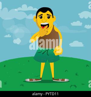 Yellow man thinking or pointing to his left side. Vector cartoon illustration. Stock Vector