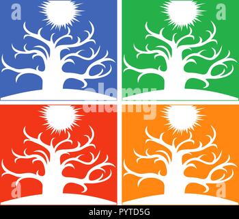 Four different colors vector illustration symbolizing the four seasons. Large wide tree and the sun in the sky Stock Vector