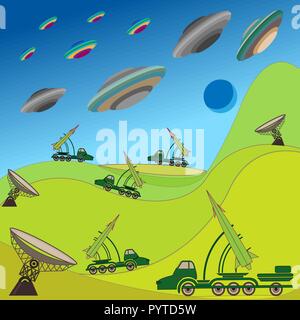 Flying plates of aliens are attacking the Earth. Military rocket unit keeps the defense. Hand drawing vector illustration Stock Vector